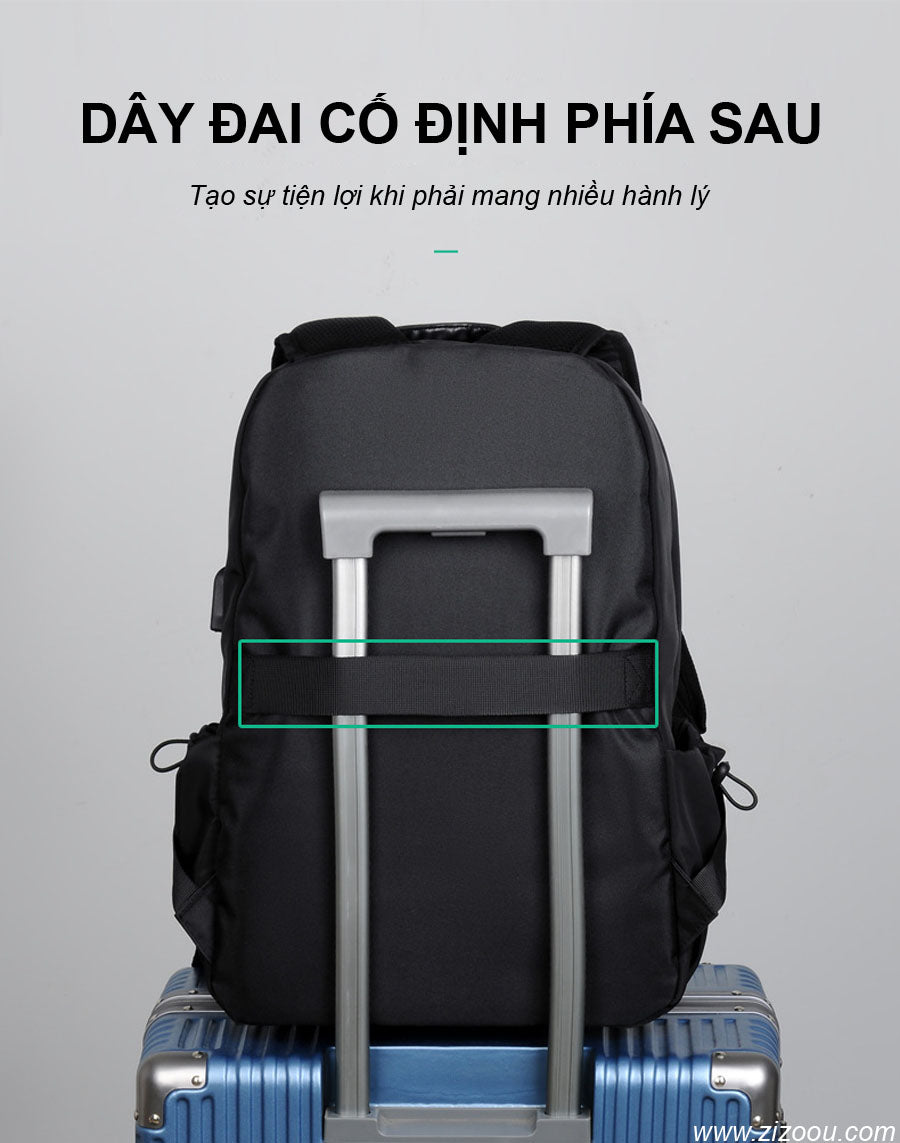 cặp đựng laptop có dây cố định với vali ở phía sau lưng balo, giúp dễ dàng di chuyển khi ra sân bay hoặc di công tác