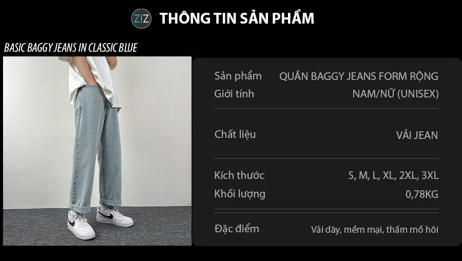 Quần Jean Baggy ống suông màu xanh nhạt, phom dáng rộng, vải denim bền cao cấp, phong cách streetwear năng động cho nam nữ