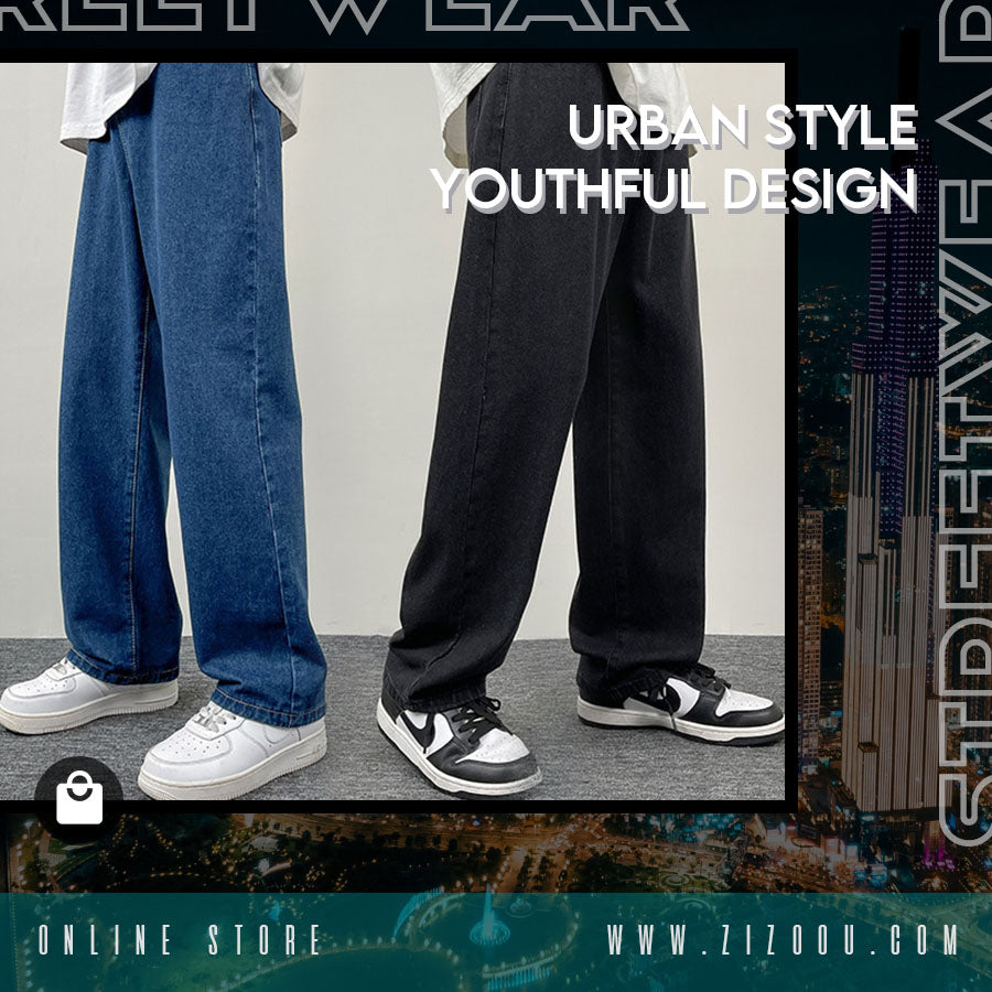 Quần ống rộng dáng suông màu đen vải jean denim, thiết kế trơn basic tối giản và dễ phối đồ, phong cách streetwear năng động
