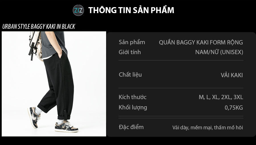 Quần Kaki Baggy Nam Nữ màu đen thời trang Hàn Quốc, gấu quần cuộn dễ điều chỉnh, phù hợp để đi học, du lịch, dạo phố, đi làm