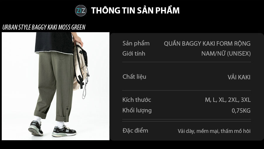 Quần Kaki Baggy Nam Nữ dáng suông rộng màu xanh rêu, với dây rút và gập ống, kết hợp đồ với áo thun và giày thể thao sneaker