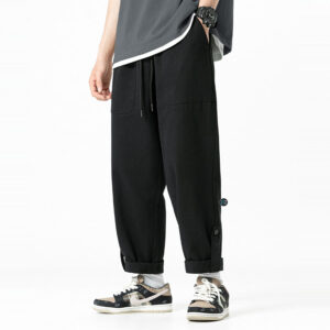 Quần Kaki Baggy Nam Nữ ống rộng màu đen, xắn gấu quần cá tính, lưng thun và dây rút thoải mái, thời trang Hàn Quốc cá tính