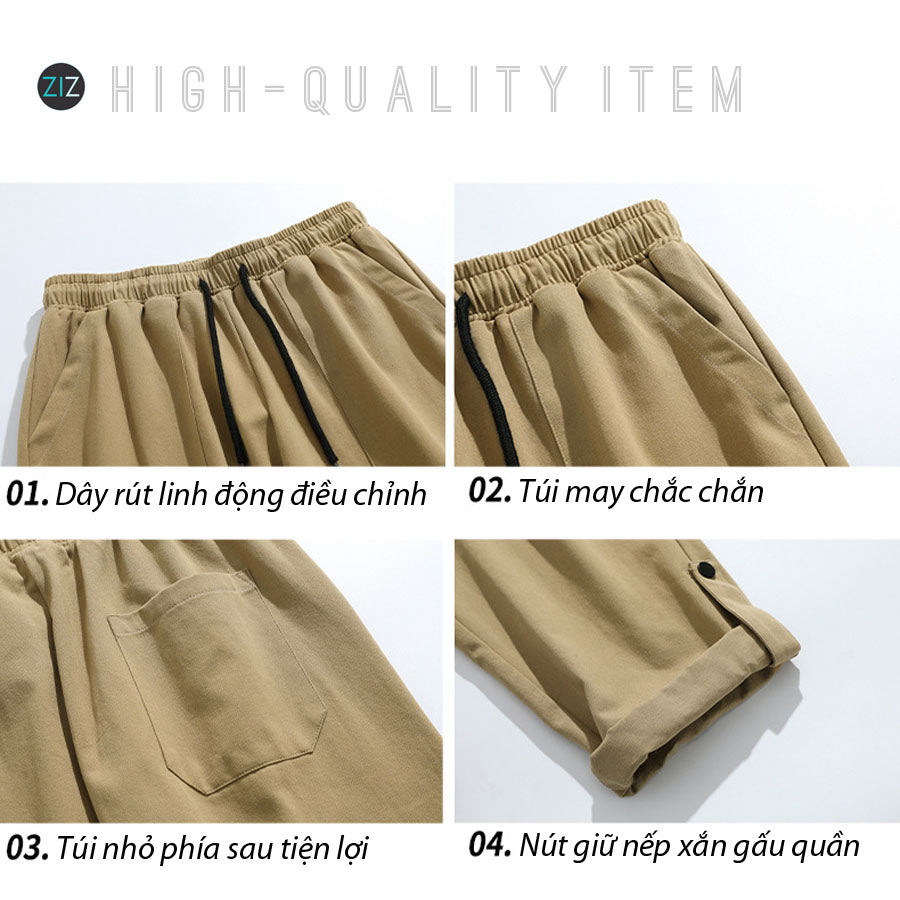 Quần kaki ống rộng màu be, lưng thun và dây rút linh hoạt, ống quần có thể xắn lên để tạo thêm điểm nhấn, có túi phía sau