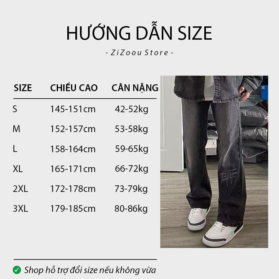Bảng hướng dẫn chọn size quần jean form vừa dành cho nam nữ theo chiều cao cân nặng, có đủ full size S, M, L, XL, 2XL, 3XL