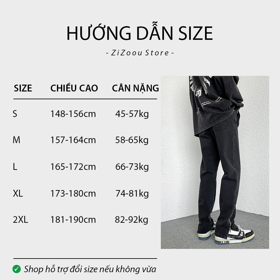 Bảng chọn size quần jean form vừa vặn ôm chân, chọn theo chiều cao cân nặng của nam và nữ, có đủ size S, M, L, XL, 2XL