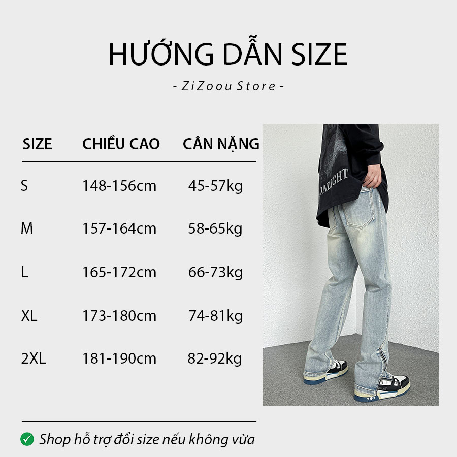 Bảng chi tiết size quần jean slim-fit nam nữ theo chiều cao và cân nặng, có đủ size S, M, L, XL, 2XL hợp với mọi vóc dáng