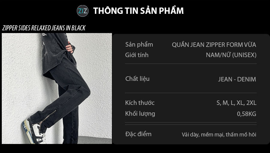 Quần Jeans Unisex Nam Nữ phom suông với khóa kéo gấu chân tinh tế độc đáo, phù hợp mặc đi học, du lịch đến dạo phố, đi làm