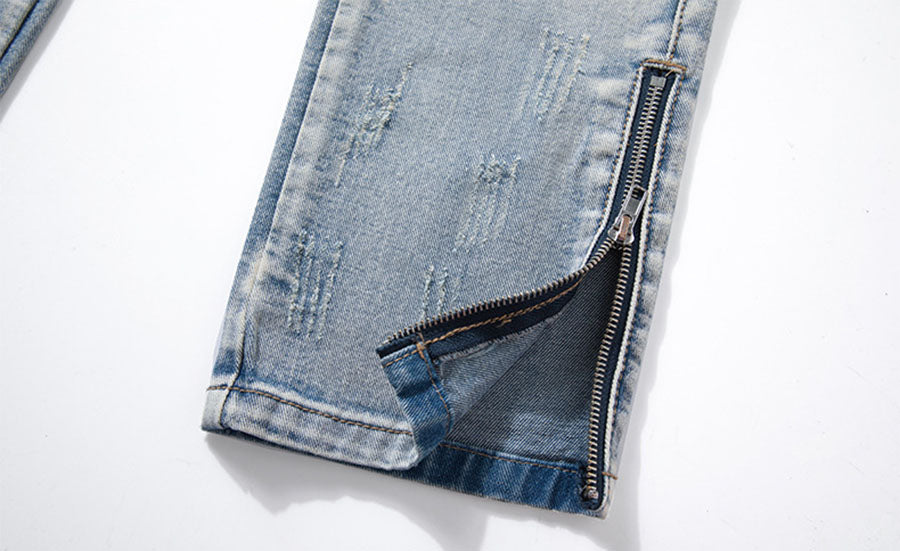 Quần jeans denim xanh, khóa kéo gấu cá tính, kiểu dáng ôm vừa, dễ phối đồ thích hợp nam nữ diện đồ đi học, đi làm, dạo phố