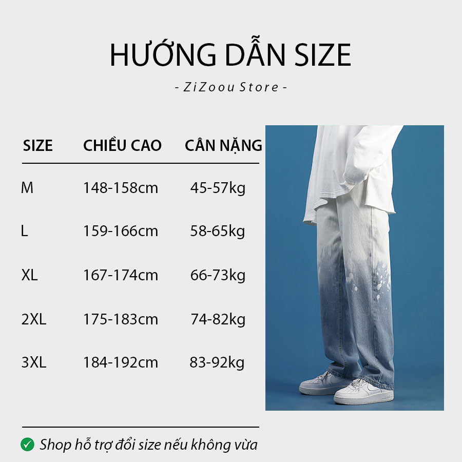 Chọn size nam nữ cho quần jean form rộng dựa theo chiều cao và cân nặng, đủ size M, L, XL, 2XL, 3XL hợp với mọi dáng người