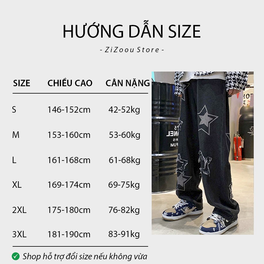 Cách lựa size cho quần jean ống rộng theo chiều cao và cân nặng, có đủ size cho nam và nữ gồm S, M, L, XL, 2XL, 3XL