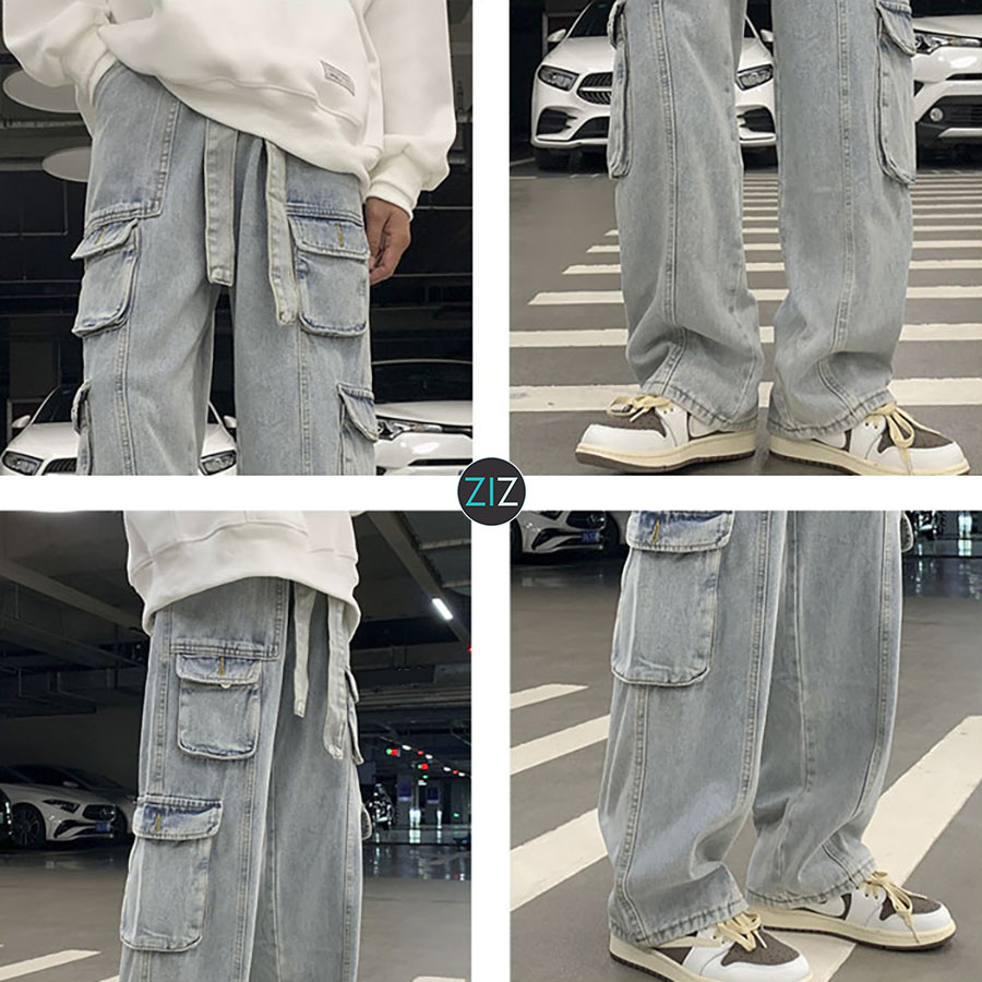 Quần túi hộp Nam Nữ ống rộng, vải denim bền chắc thoáng mát, có 4 túi hai bên quần tiện lợi, nổi bật với dây lưng quần dài
