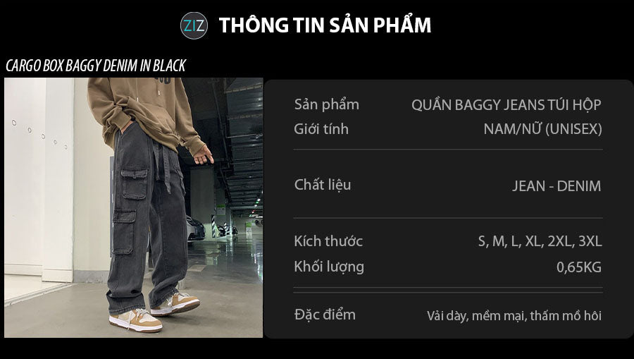 Quần Jeans Baggy Nam Nữ xám đen túi hộp, phong cách streetwear chất lừ, dễ phối đồ với áo thun oversize, hoodie và sneaker