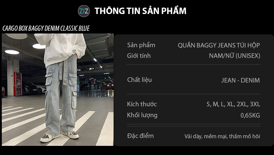 Quần cargo jeans túi hộp phong cách streetwear Hàn Quốc, màu xanh nhạt, ống rộng thoải mái, phù hợp phối hoodie và sneaker