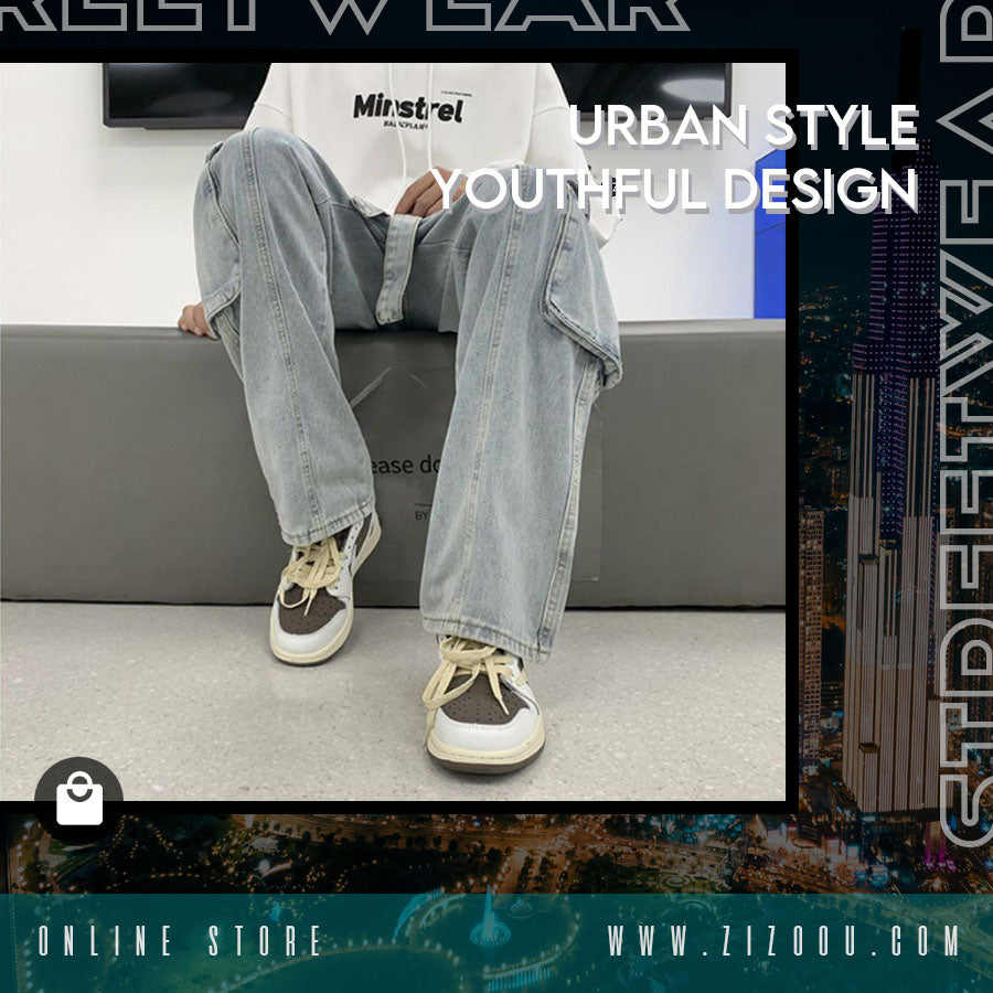 Quần Baggy Jean Nam Nữ kiểu dáng cargo denim xanh nhạt, thiết kế túi hộp rộng rãi, phù hợp nam nữ đi học, đi làm, dạo phố