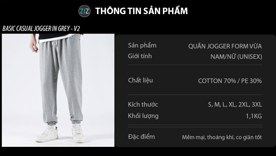 Quần Jogger ống rộng thể thao màu xám với cổ bo gấu, dễ phối đồ với áo thun và giày sneaker khi đi chơi thể thao, đi học