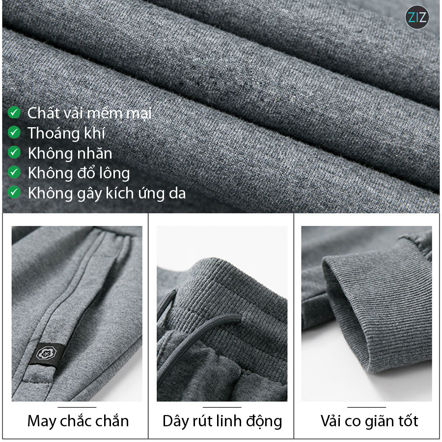 Jogger màu xám trung tính, vải nỉ cao cấp, gấu bó ống chân, dây rút điều chỉnh eo, túi bên hông có dây khóa kéo zip tiện lợi