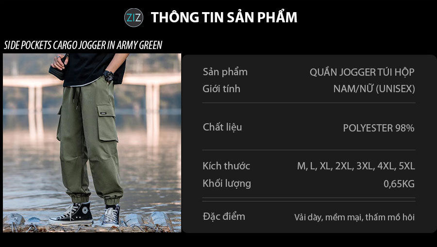 Quần Jogger túi hộp nam nữ xanh rêu, phong cách streetwear, cổ chân bo gấu, lý tưởng mặc đi chơi, dạo phố, đi học, đi làm