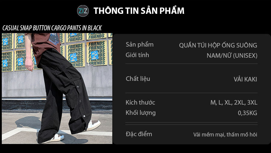 Quần Snap Baggy túi hộp, chất liệu kaki thoáng mát, thiết kế xẻ tà độc đáo, lý tưởng cho nam nữ mặc đi học, đi chơi, dạo phố