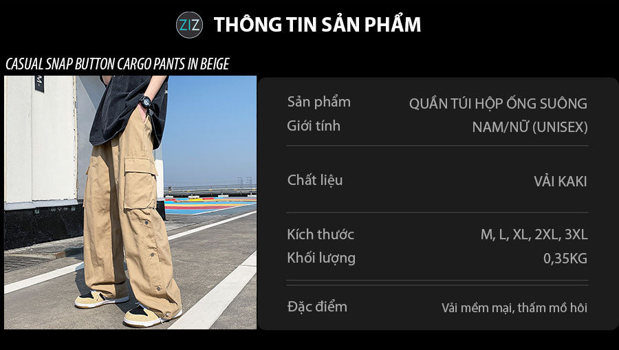 Quần Snap Kaki Nam Nữ ống suông phong cách unisex, bên hông có túi hộp và đường xẻ tà có nút bấm, thích hợp đi học, đi chơi