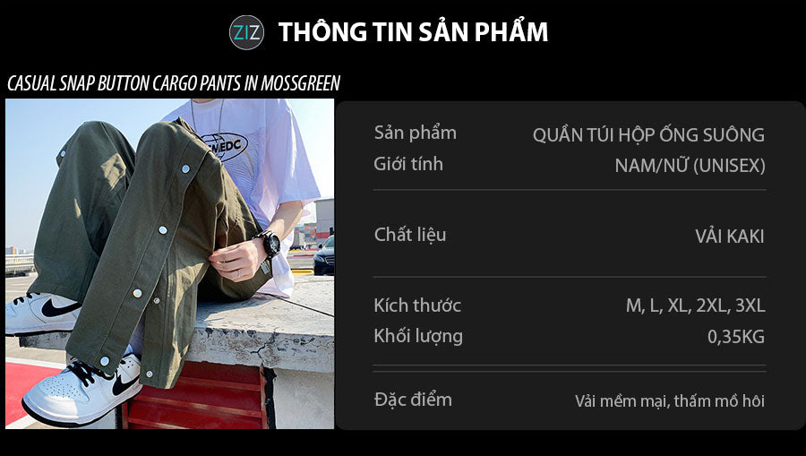 Quần Snap túi hộp form rộng thoải mái với chất liệu kaki bền bỉ, phù hợp nam nữ cho cả đi làm, đi chơi, dạo phố hay du lịch