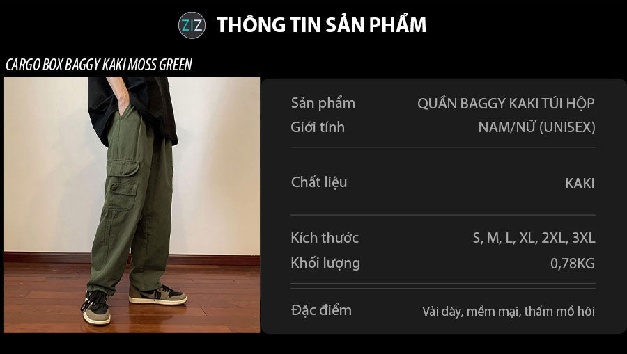 Quần Kaki ống rộng túi hộp màu xanh quân đội, vải kaki bền chắc, thích hợp cho nam nữ mặc đi học, đi làm, dạo phố, du lịch