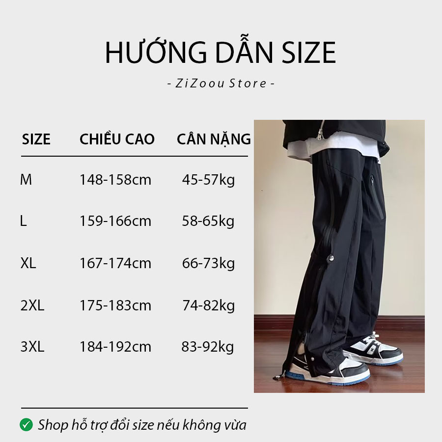 Bảng size quần ống rộng form suông theo chiều cao và cân nặng chuẩn của nam và nữ, có đủ full size M, L, XL, 2XL, 3XL