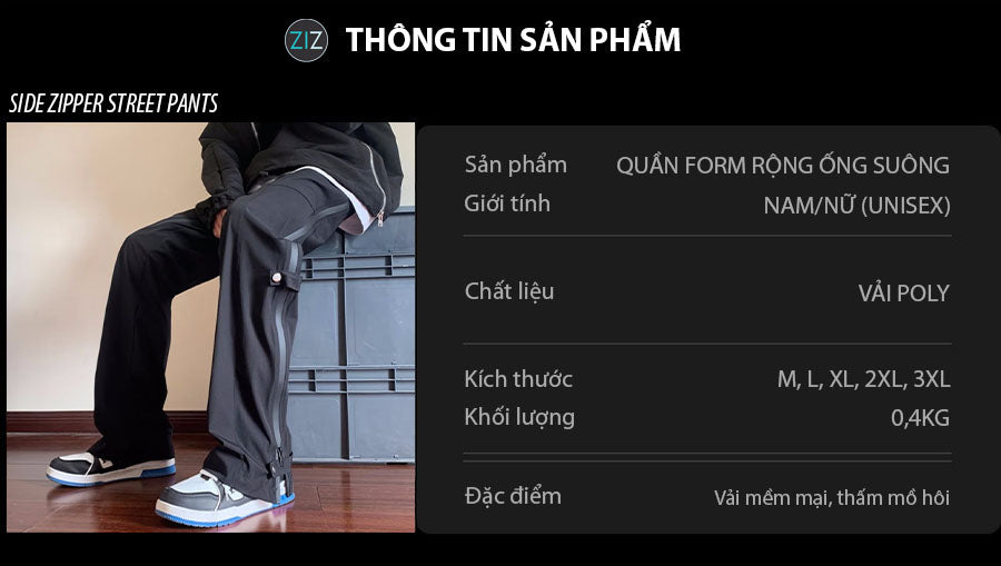 Quần Ống suông Nam Nữ có dây kéo zip và đường xẻ dài bên hông cá tính độc đáo, phù hợp mặc đi học, đi chơi, du lịch, đi làm
