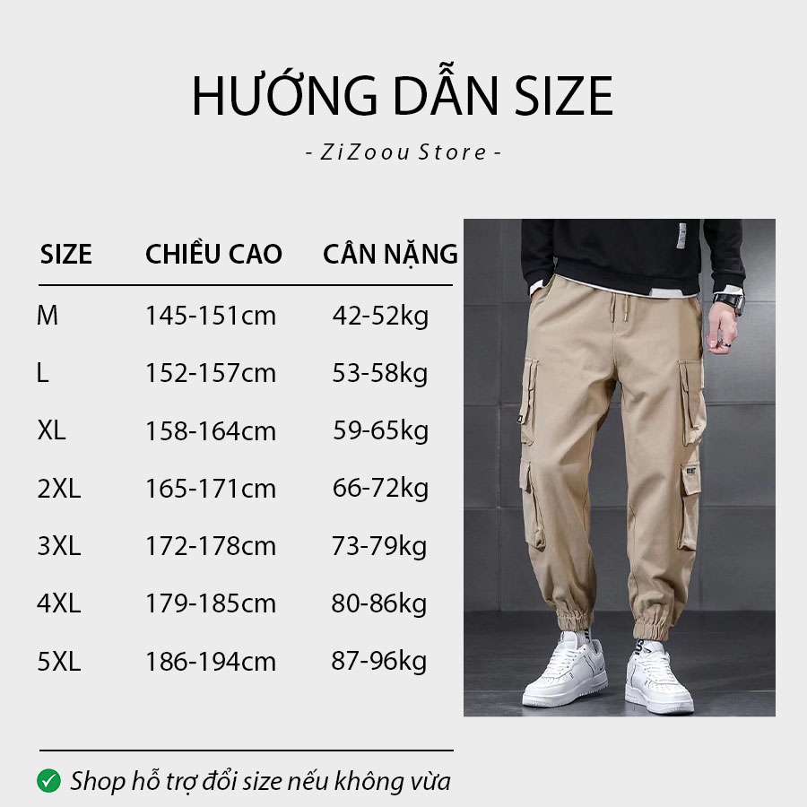 Bảng chọn size quần cargo pant form vừa của nam và nữ, dựa theo chiều cao và cân nặng, đủ size M, L, XL, 2XL, 3XL, 4XL, 5XL