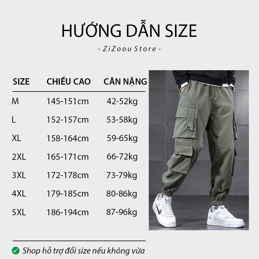 Bảng chọn size quần túi hộp form vừa cho nam nữ, hướng dẫn theo chiều cao cân nặng, đủ size M, L, XL, 2XL, 3XL, 4 XL, 5 XL