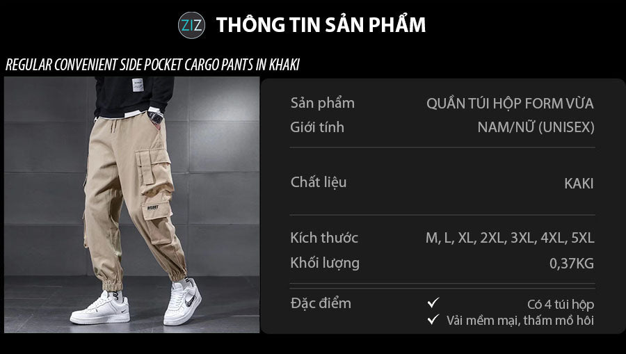Quần Cargo Kaki Nam Nữ bo gấu màu be, chất liệu vải thoáng khí, túi hộp đa dụng và cá tính, dễ phối với áo thun hoặc hoodie