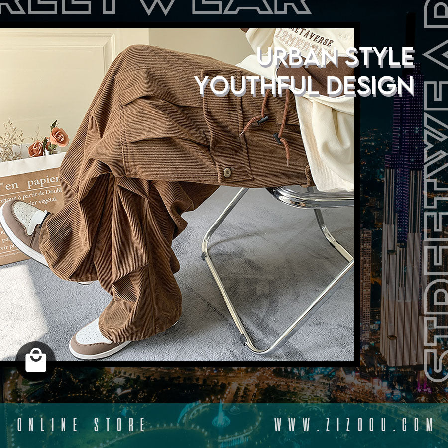 Quần Cargo ống rộng túi hộp vải nhung kẻ phong cách streetwear, dáng rộng unisex thoải mái, cổ chân có dây rút tiện lợi