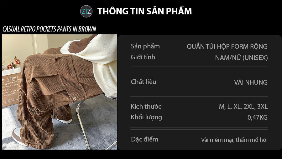 Quần Jogger túi hộp vải nhung kẻ nâu ấm áp, dáng rộng phong cách streetwear cá tính, mặc đi học, đi chơi, dạo phố, đi làm
