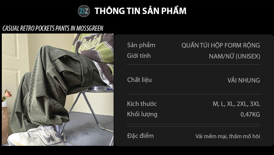 Quần hộp form rộng túi hộp vải nhung kẻ chắc chắn và bền bỉ, giữ ấm mùa lạnh, thích hợp cho nam nữ đi học, dạo phố, đi làm