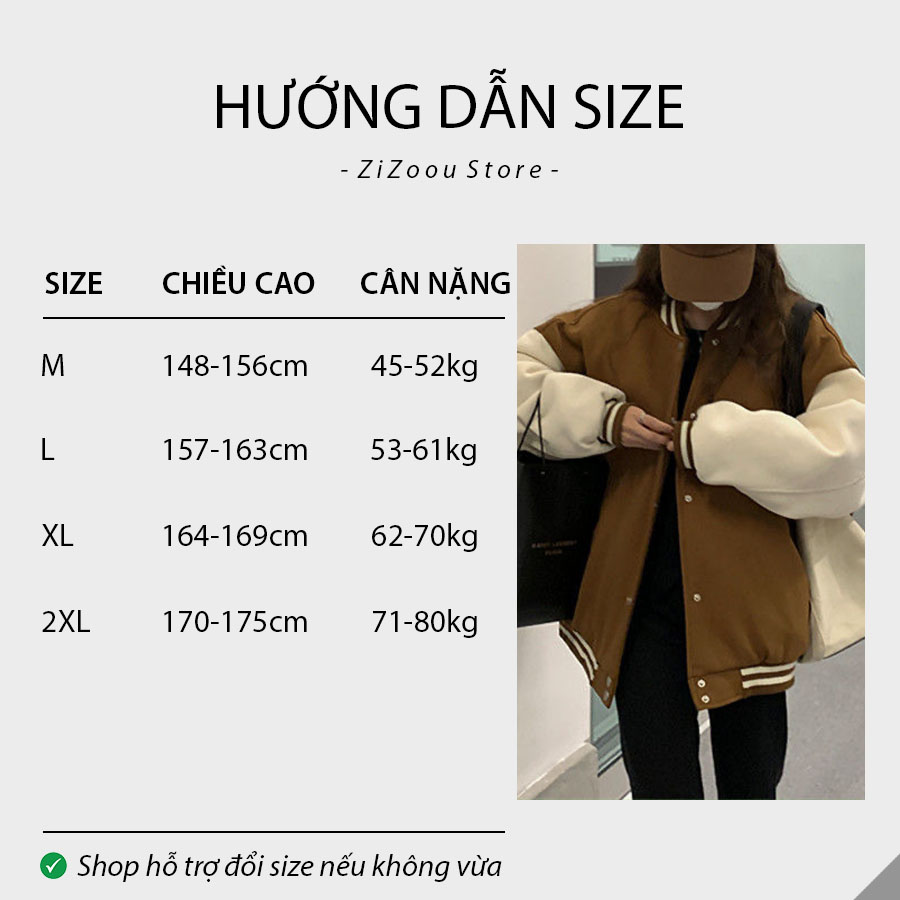 Bảng size áo khoác bomber oversize, phù hợp cả nam nữ, bo thun cổ điển, vải nỉ dày mềm mại, phong cách thời trang Hàn Quốc
