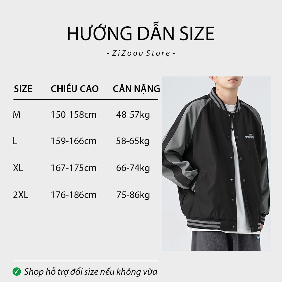 Bảng size áo khoác bomber thời trang nam nữ unisex, phù hợp với phong cách casual hoặc streetwear, tạo sự thoải mái khi mặc