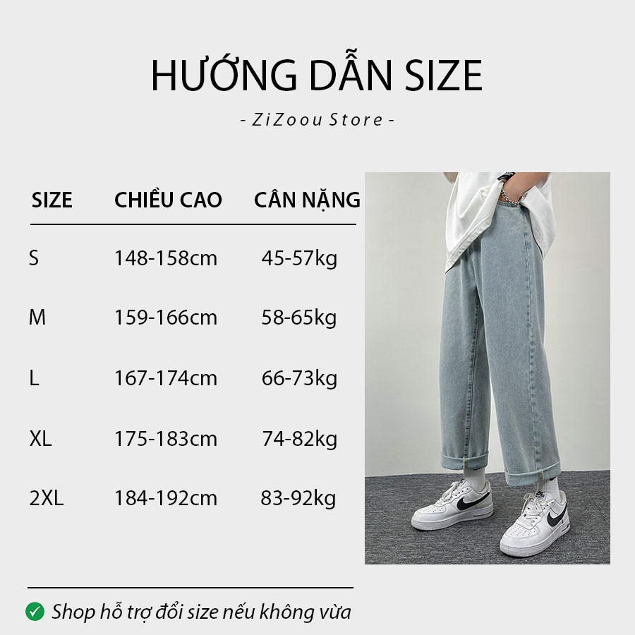 Bảng chi tiết size quần jean ống rộng dành cho nam và nữ dựa theo chiều cao và cân nặng, giúp chọn được mẫu phù hợp vóc dáng