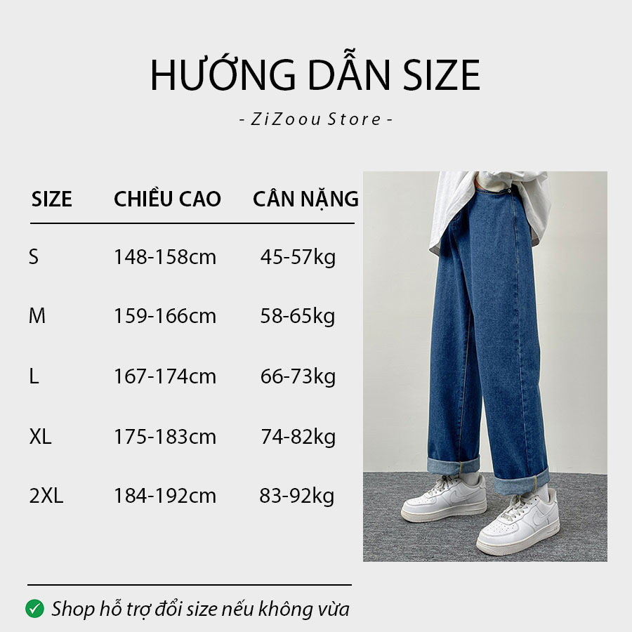 Bảng size quần baggy jean ống rộng theo chiều cao và cân nặng của nam và nữ, giúp chọn được mẫu quần ưng ý theo dáng người