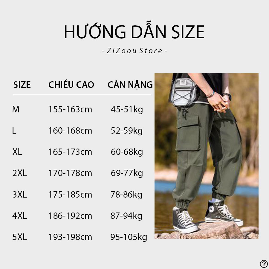 Bảng size quần túi hộp jogger dành cho nam và nữ, dựa theo theo chiều cao cân nặng, có đủ size M, L, XL, 2XL, 3 XL 4XL 5XL