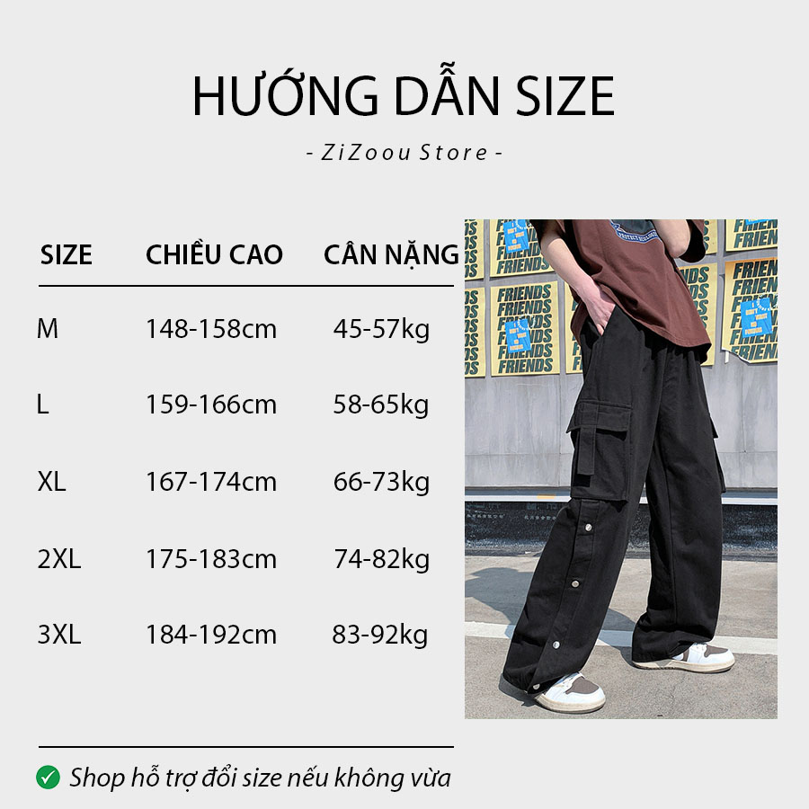 Bảng chọn size quần kaki ống rộng của nam và nữ theo chiều cao và cân nặng, có đủ size M, L, XL, 2XL, 3XL cho mọi vóc dáng