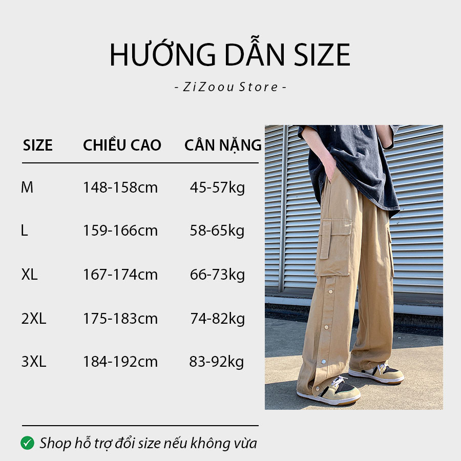 Bảng chọn size quần rộng baggy kaki cho nam và nữ theo chiều cao cân nặng, có đủ size M, L, XL, 2XL, 3XL hợp với dáng người