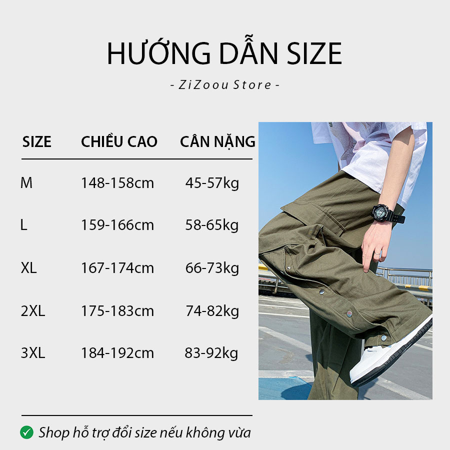 Bảng chi tiết size quần rộng baggy unisex nam nữ theo chiều cao và cân nặng, có đủ size M, L, XL, 2XL, 3XL hợp từng vóc dáng