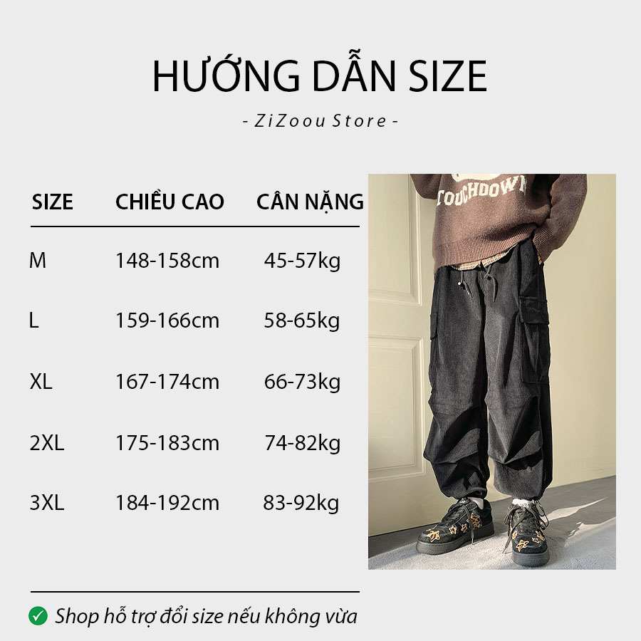 Bảng size quần jogger túi hộp ống bó của nam và nữ dựa theo chiều cao và cân nặng, đủ size M, L, XL, 2XL, 3XL hợp vóc dáng