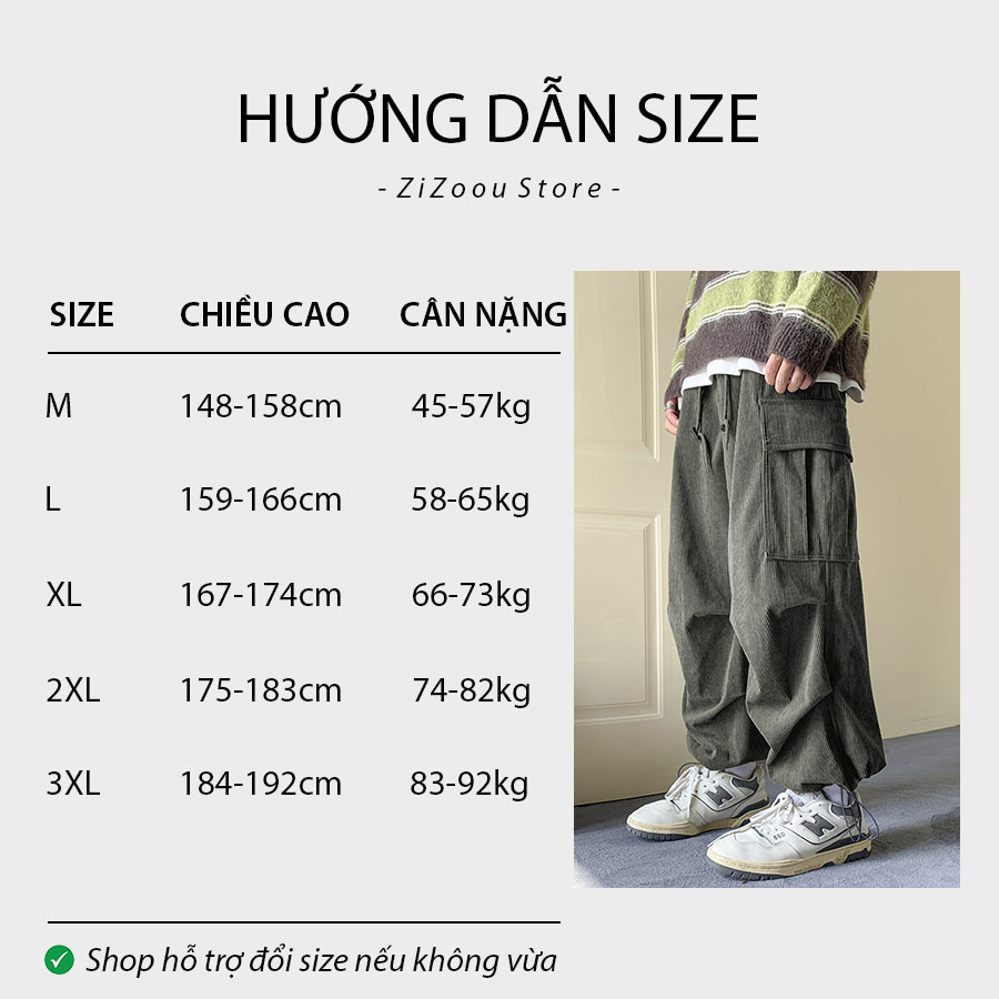 Size quần túi hộp form rộng unisex nam nữ theo chiều cao và cân nặng chuẩn, có đủ size M, L, XL, 2XL, 3XL hợp với dáng người