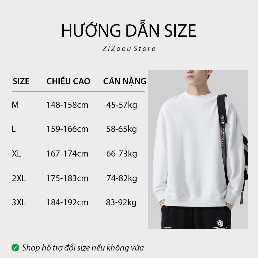 Bảng hướng dẫn size áo sweatshirt nam nữ, cổ tròn form rộng, chất liệu cotton pha thoáng mát, tạo sự tự tin trong phong cách