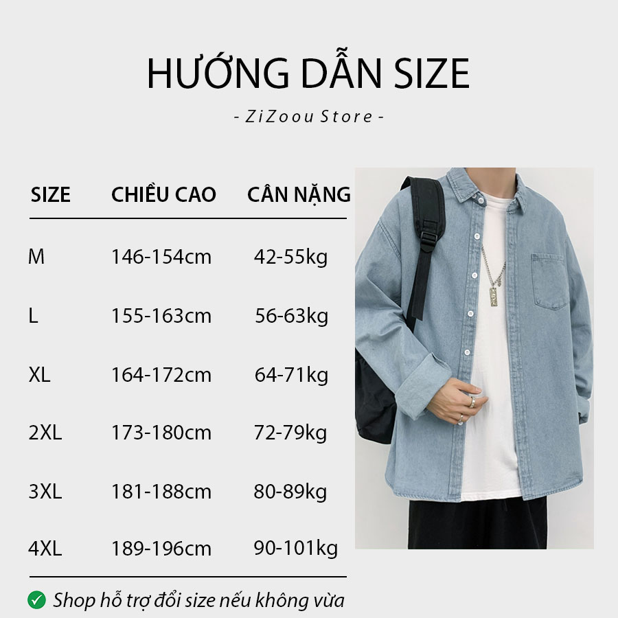 Bảng size áo khoác denim màu xanh nhạt oversize, phù hợp nam nữ thích phong cách thời trang basic trơn tối giản và hiện đại