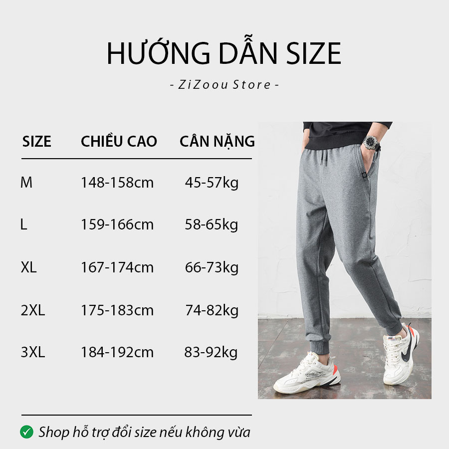 Bảng size quần thể thao thun nỉ bó gấu dựa theo chiều cao và cân nặng của nam và nữ, thông số chi tiết giúp chọn đúng mẫu