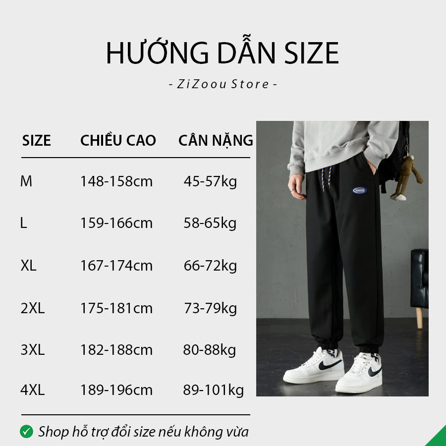 Bảng chọn size quần jogger thể thao của nam và nữ, chọn theo chiều cao và cân nặng để tìm được mẫu phù hợp với vóc dáng