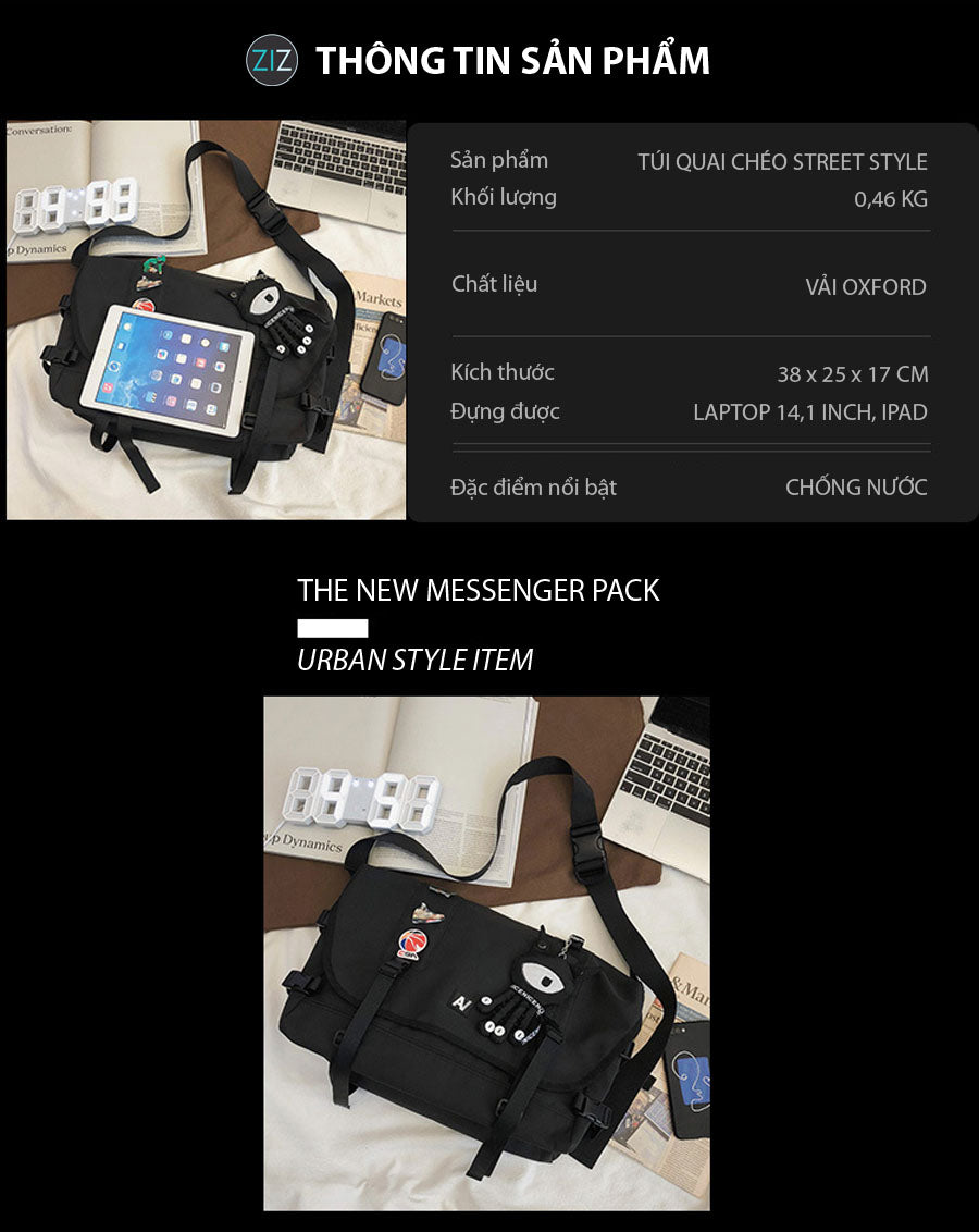 Túi đeo chéo trẻ trung, thiết kế năng động, trang trí độc đáo, thể hiện cá tính, phù hợp đi học và đi chơi, đựng ipad laptop