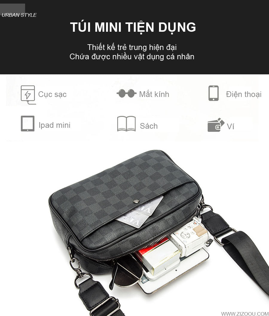 Túi đeo chéo hoa văn caro đen, dây đeo điều chỉnh tiện lợi, phù hợp để mang theo đồ dùng cần thiết khi đi chơi hoặc du lịch