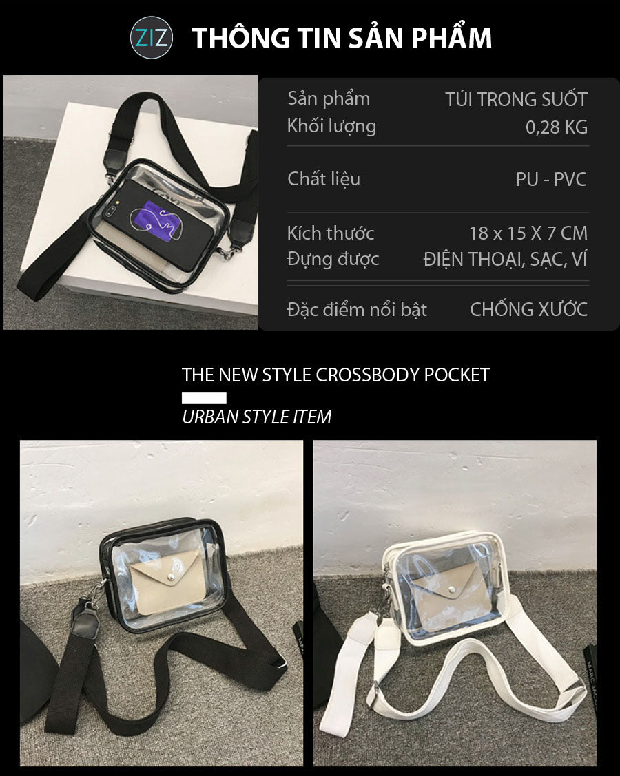 Túi đeo chéo với khoá kéo chắc chắn, chất liệu trong suốt tiện lợi, giúp dễ dàng kiểm soát các vật dụng cá nhân khi ra ngoài